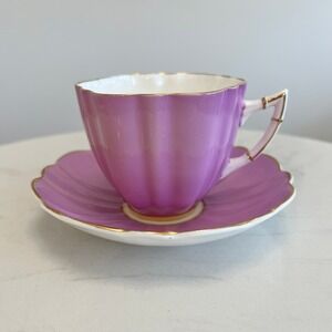 Victoria C&E Bone China Teacup Saucer Set Purple Pink Gold Trim England